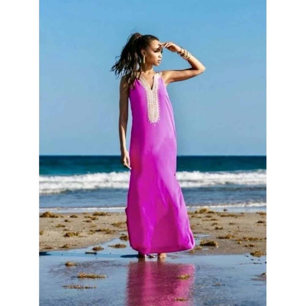 Lilly Pulitzer Sandrah Maxi Dress Wild Fuchsia Gold Embroidered Sz 4 NWOT